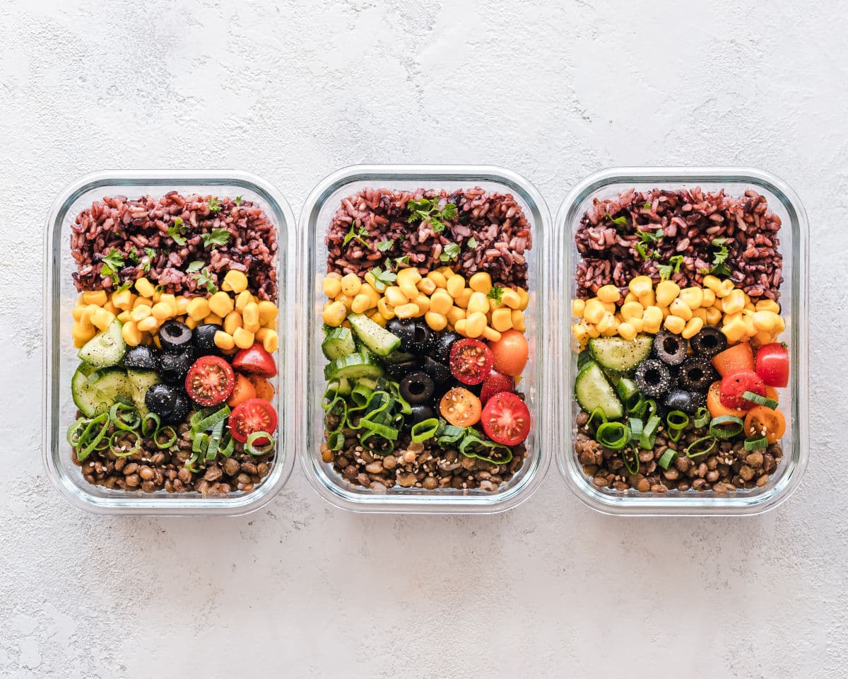 Batch-cooked meals portioned into glass containers